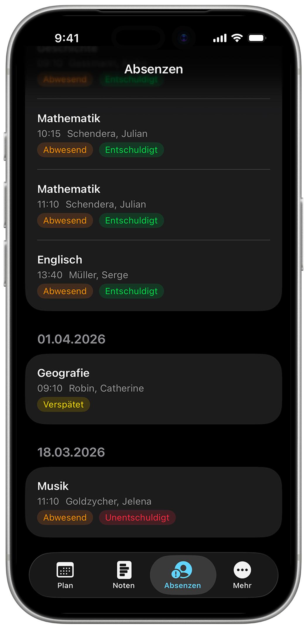 Inbox Absenzenübersicht im Dark Mode