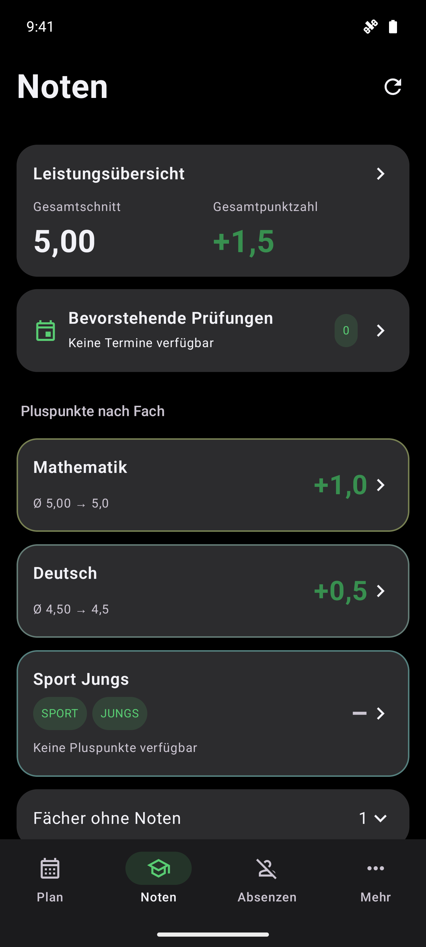 Inbox Notenübersicht im Dunkelmodus auf Android, mit Beispieldaten