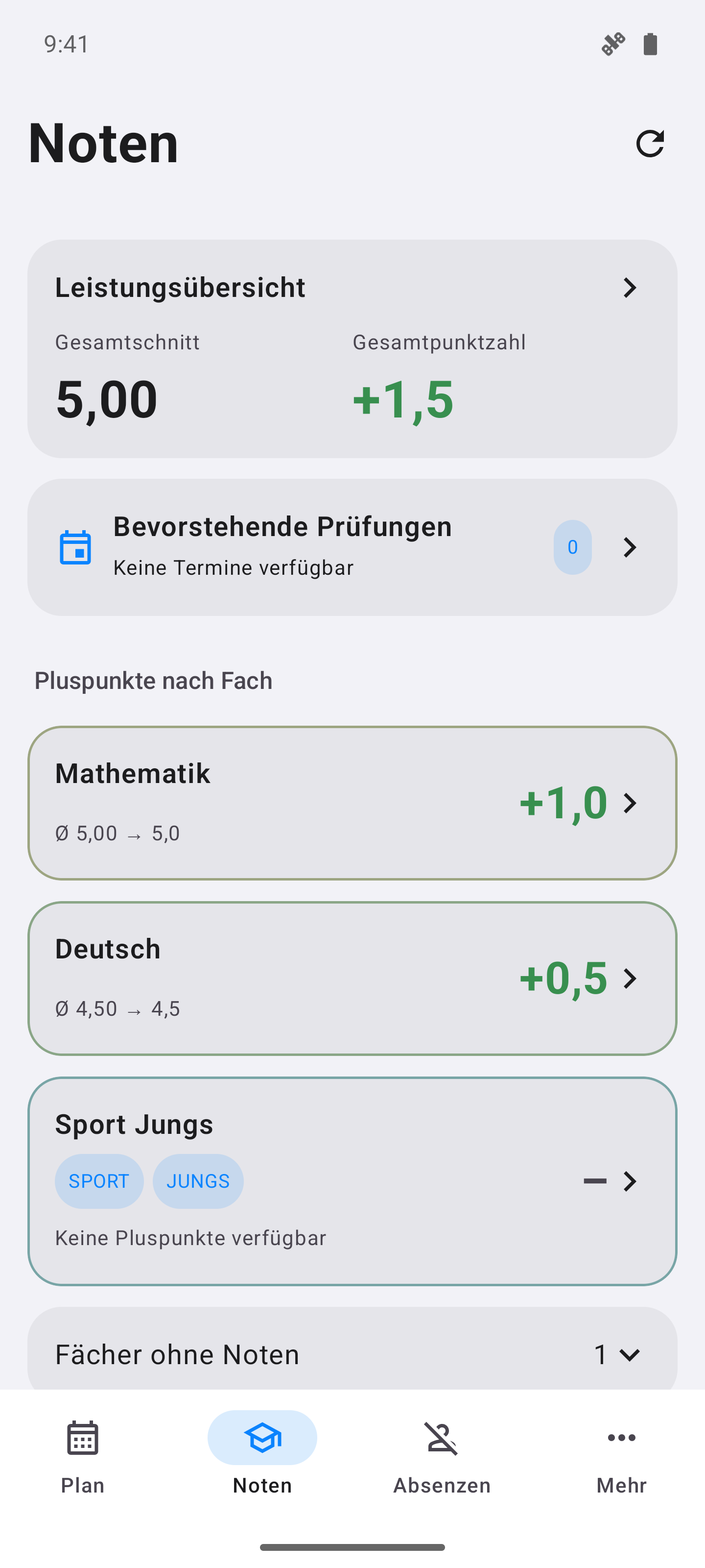 Inbox Notenübersicht auf Android, mit Beispieldaten