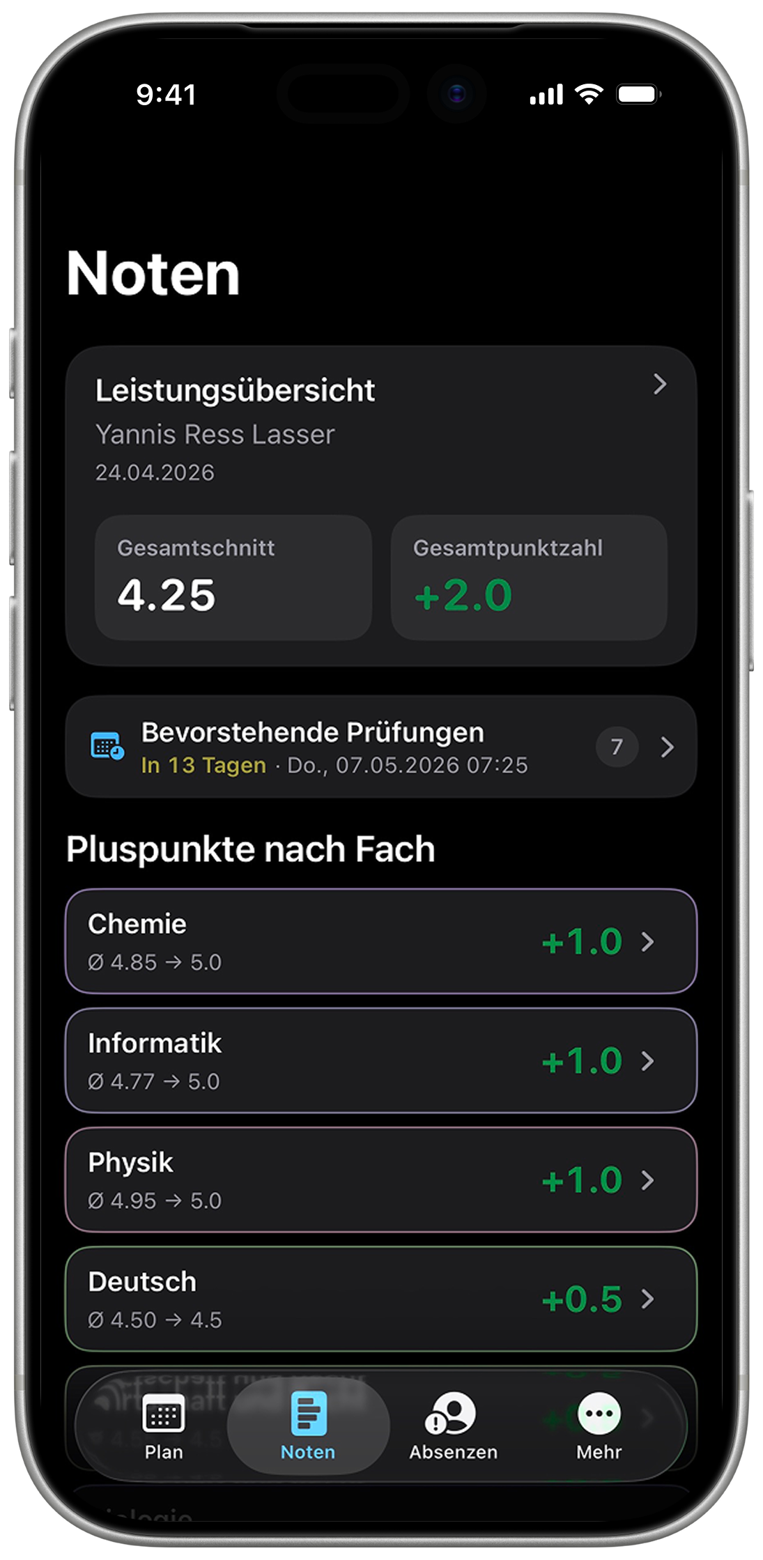 Inbox Notenübersicht im Dark Mode